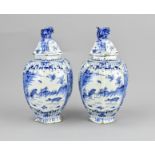 2x Delft lidded vase, H 29 cm.