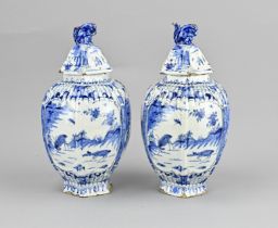 2x Delft lidded vase, H 29 cm.