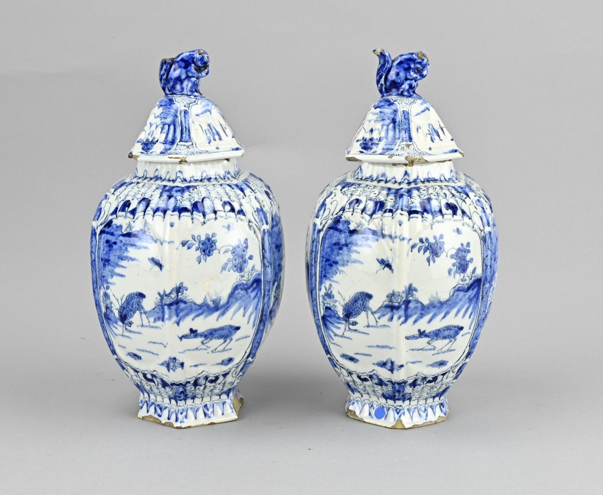 2x Delft lidded vase, H 29 cm.