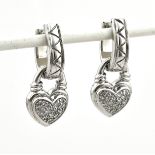 Silver hoop earrings with heart pendants with diamonds