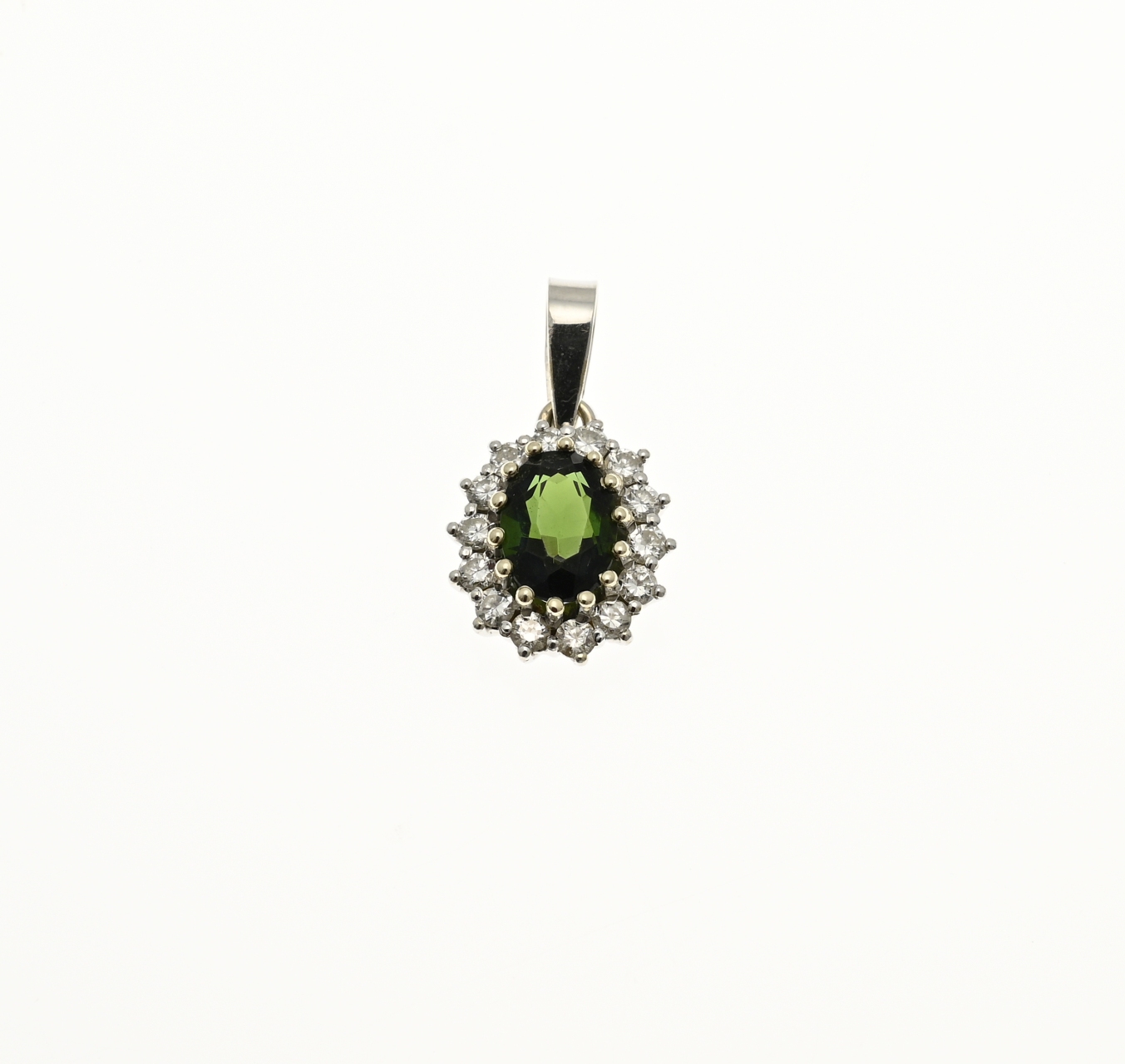 White gold pendant with diamond and green stone