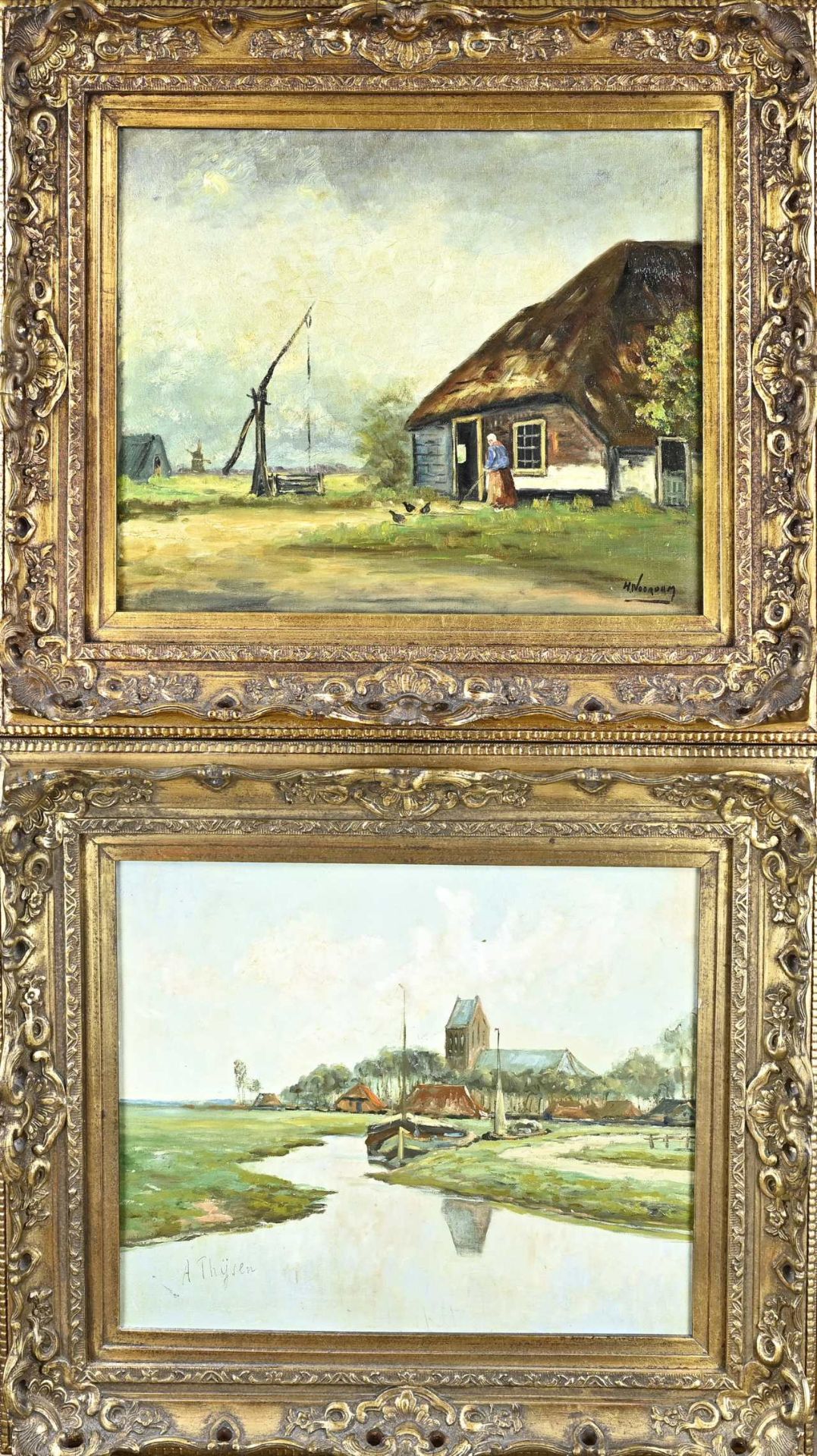 2x Dutch painting, Farm/River View
