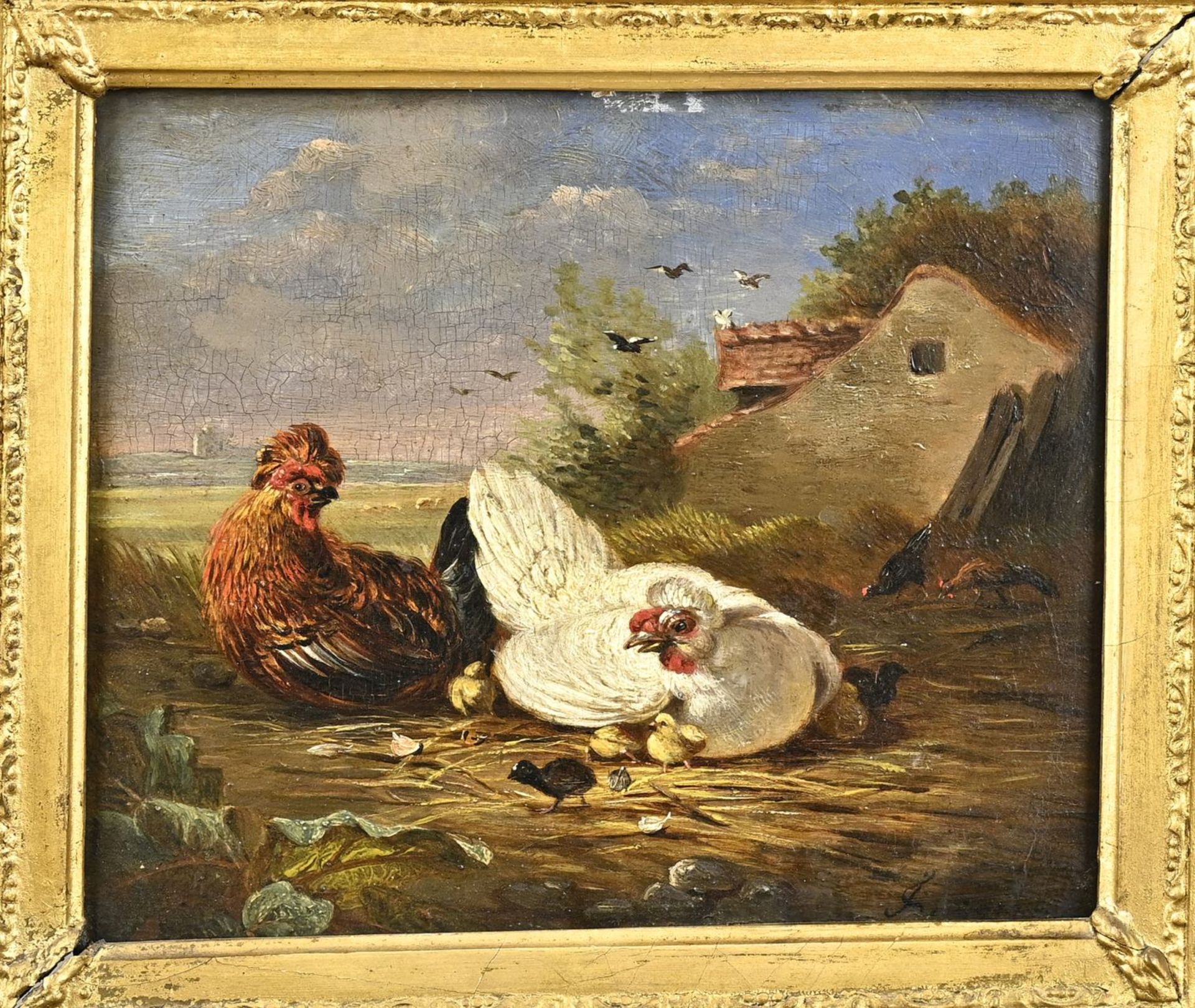 Pendant Francois Joseph Huijgens, Landscape with chickens and chicks - Image 3 of 3
