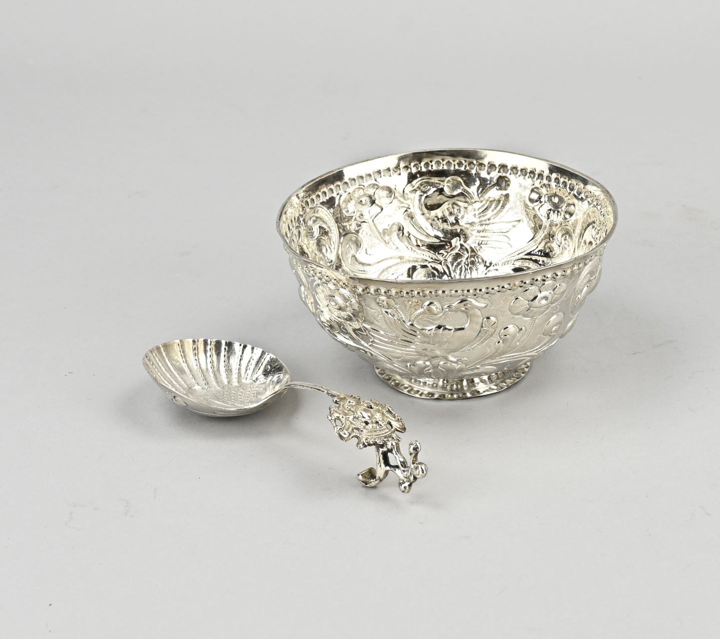 Silver cream bowl and spoon