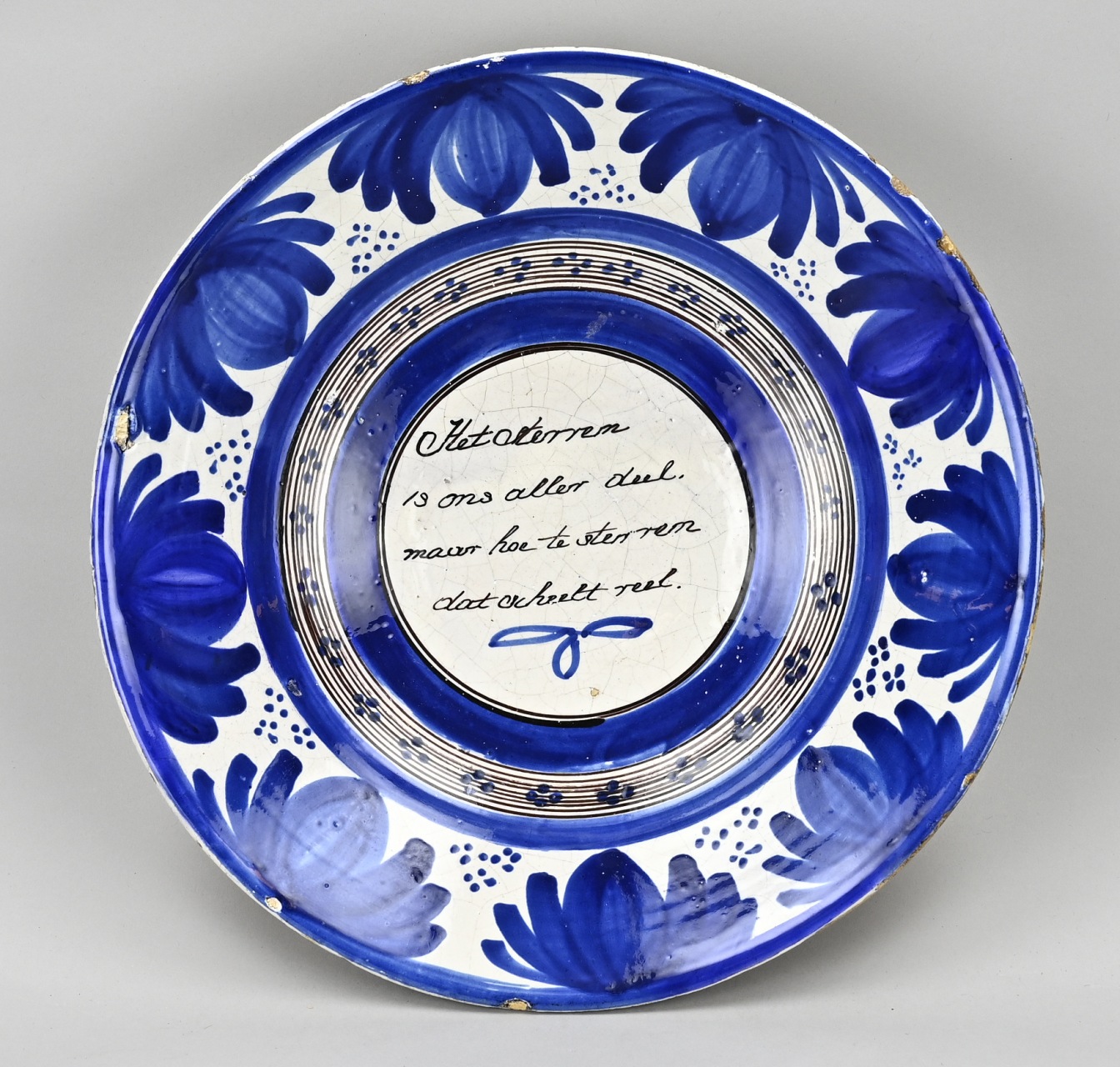 Antique Frisian dish with saying Ã˜ 36.5 cm.