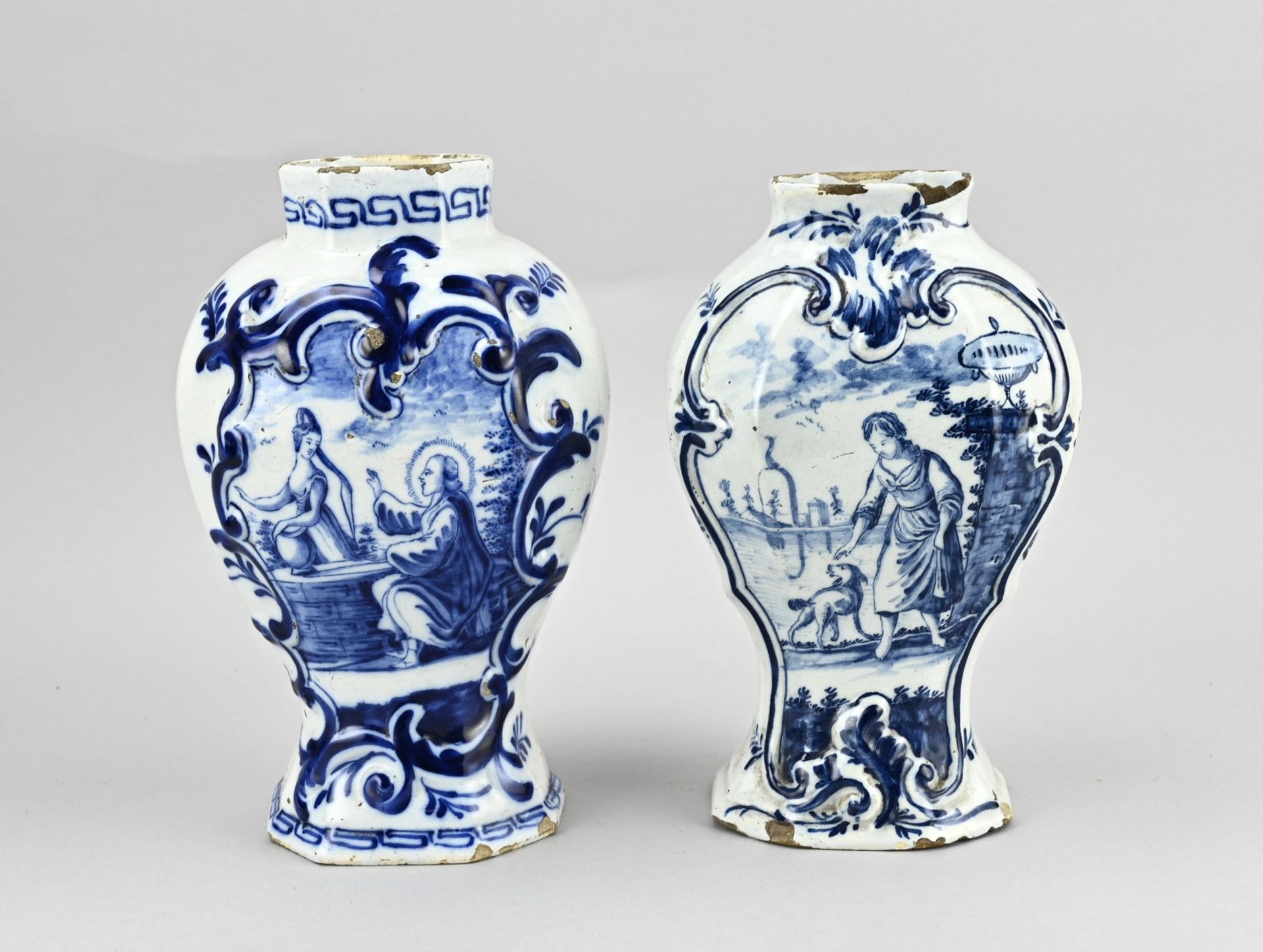 2x Delft vase, H 24 - 25 cm.
