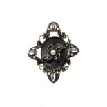 Antique brooch, silver with gold with diamond, onyx and pearl