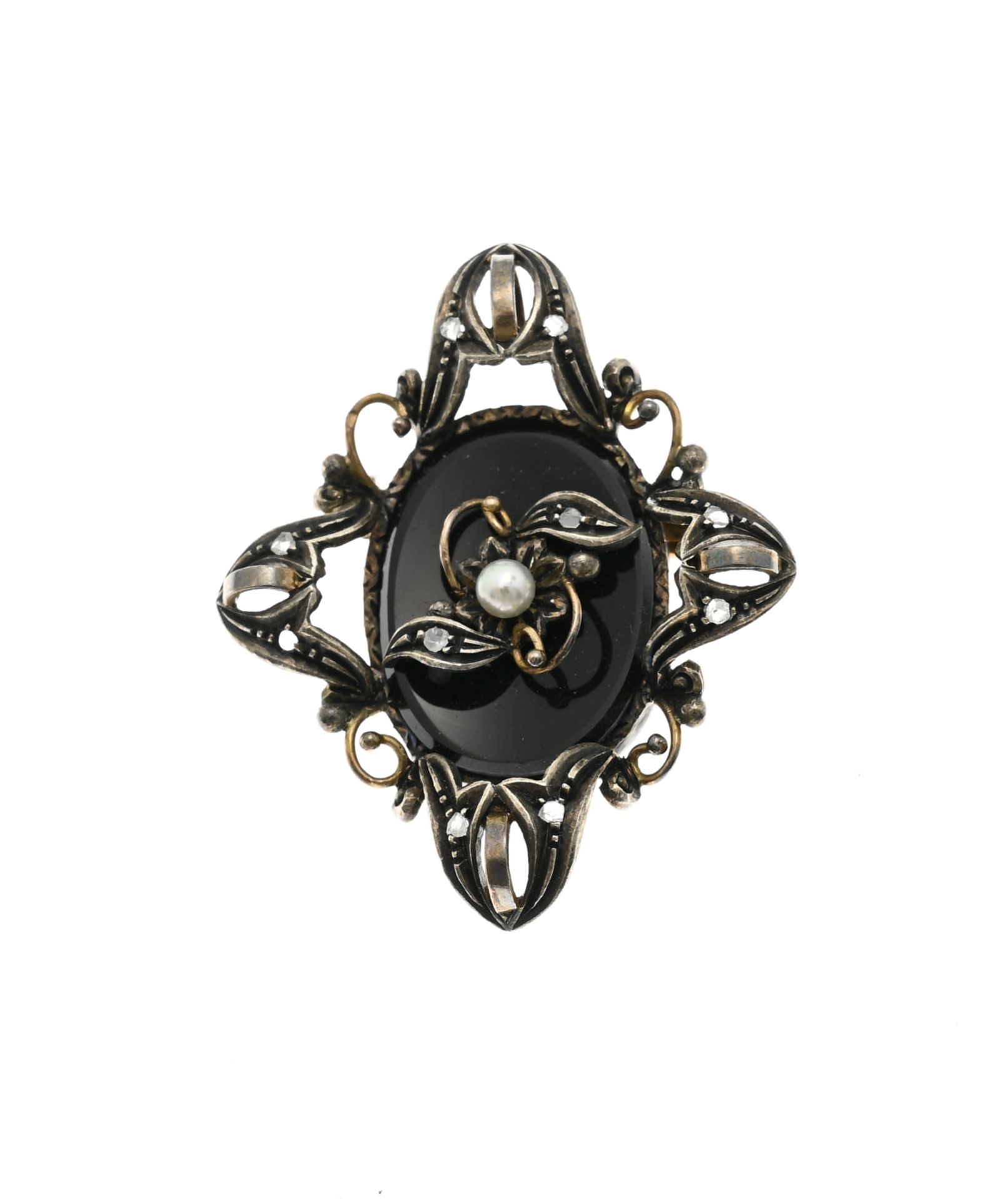 Antique brooch, silver with gold with diamond, onyx and pearl