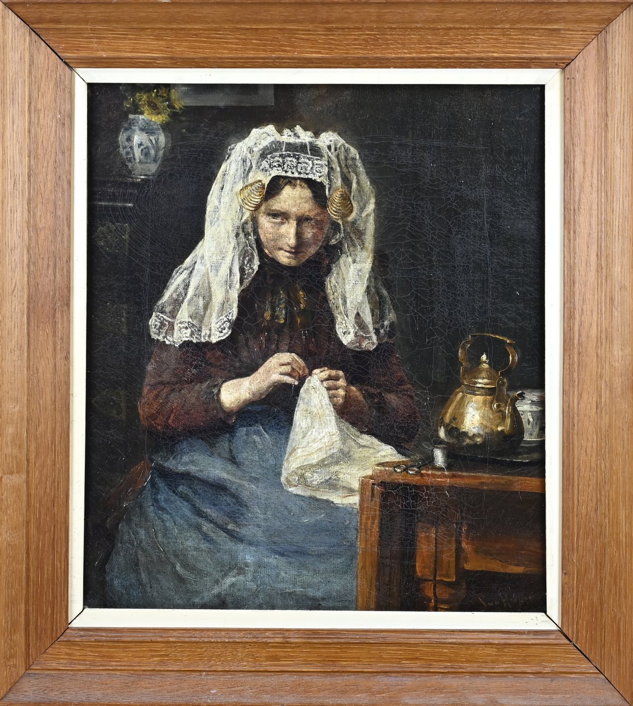 Unclear. signed, woman working in traditional costume