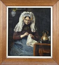 Unclear. signed, woman working in traditional costume