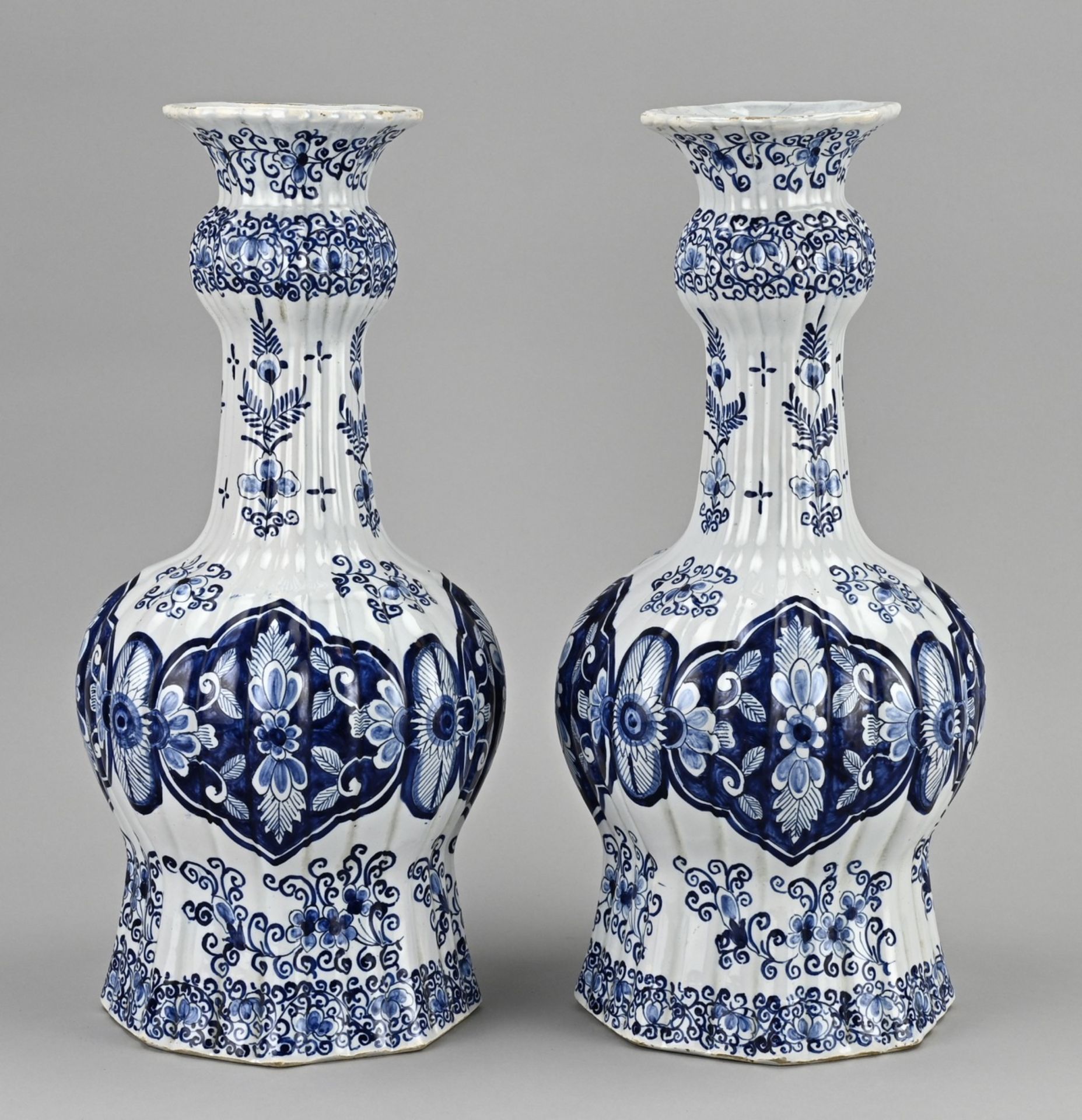 2x Delft knob vase, H 35 cm.