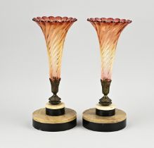 2x Vase on marble base, H 31 cm.