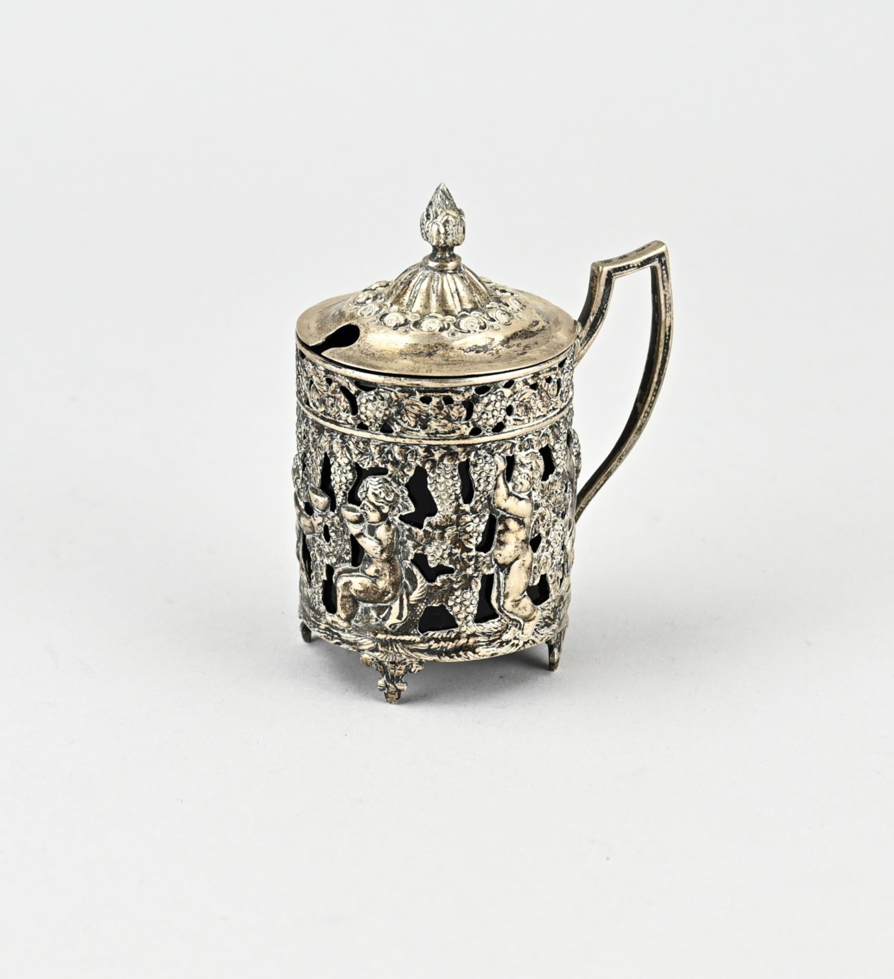 Silver mustard pot with blue glass