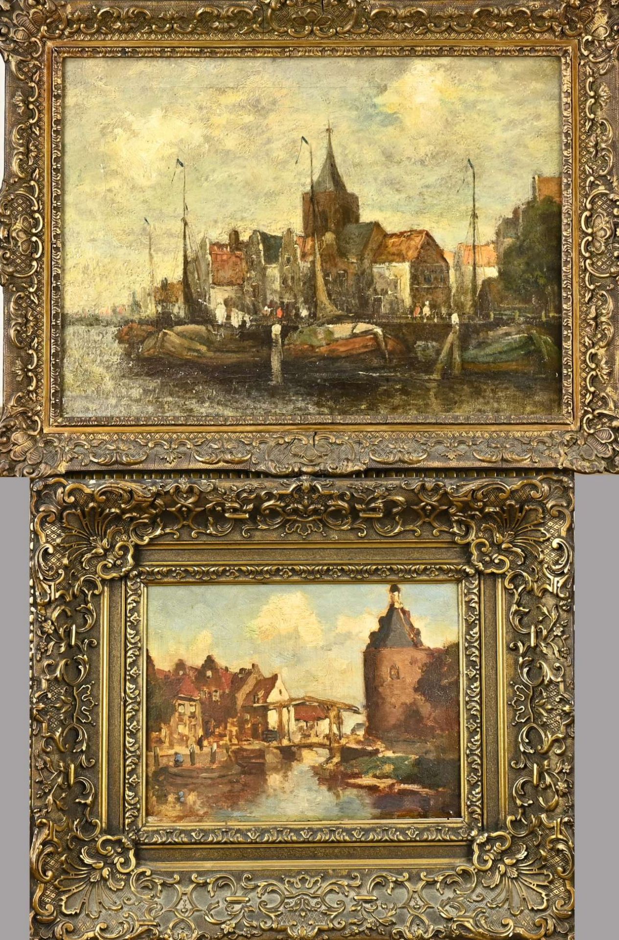 2x Antique painting, Port of Enkhuizen/Port with figures