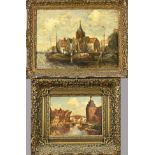 2x Antique painting, Port of Enkhuizen/Port with figures