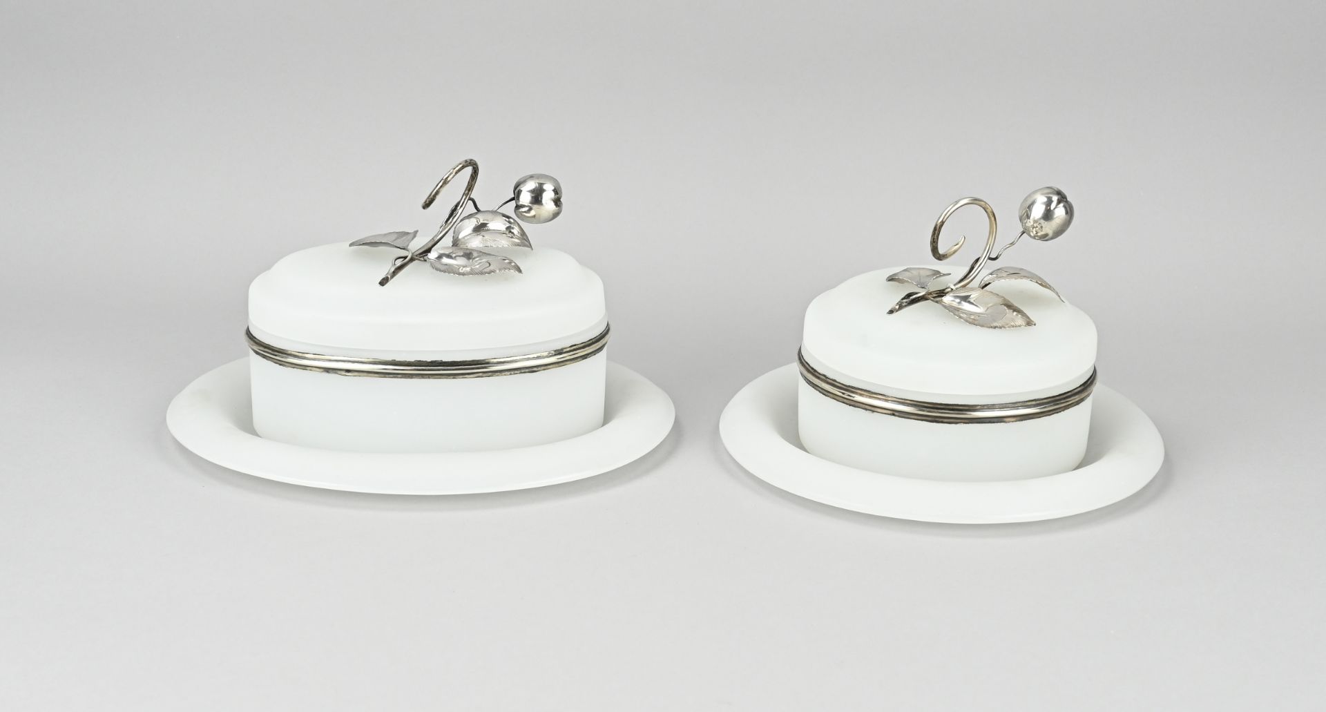 2 Opaline cookie jars with silverware