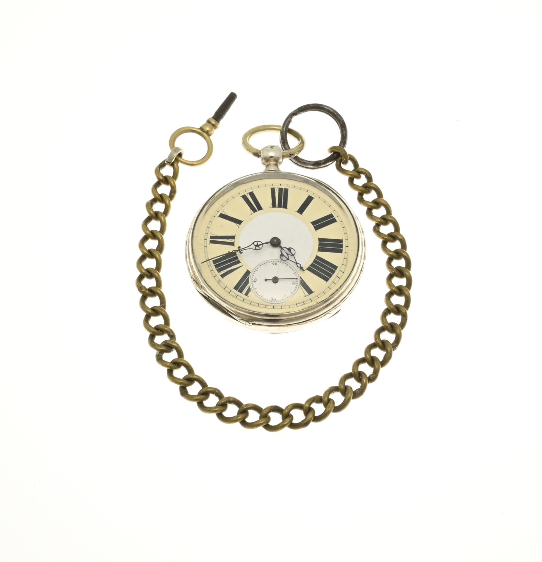 Silver pocket watch with key