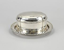 Silver cookie jar with saucer