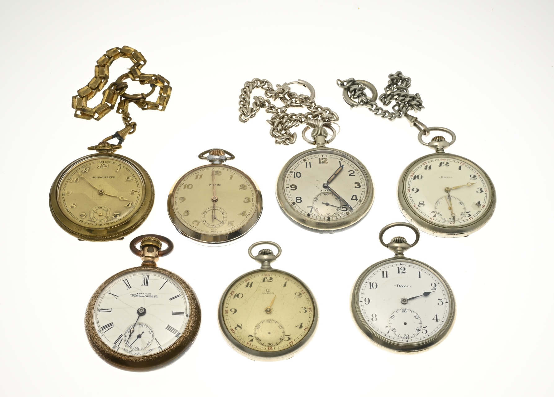 7 Pocket watches, Omega, Kienzle, Doxa