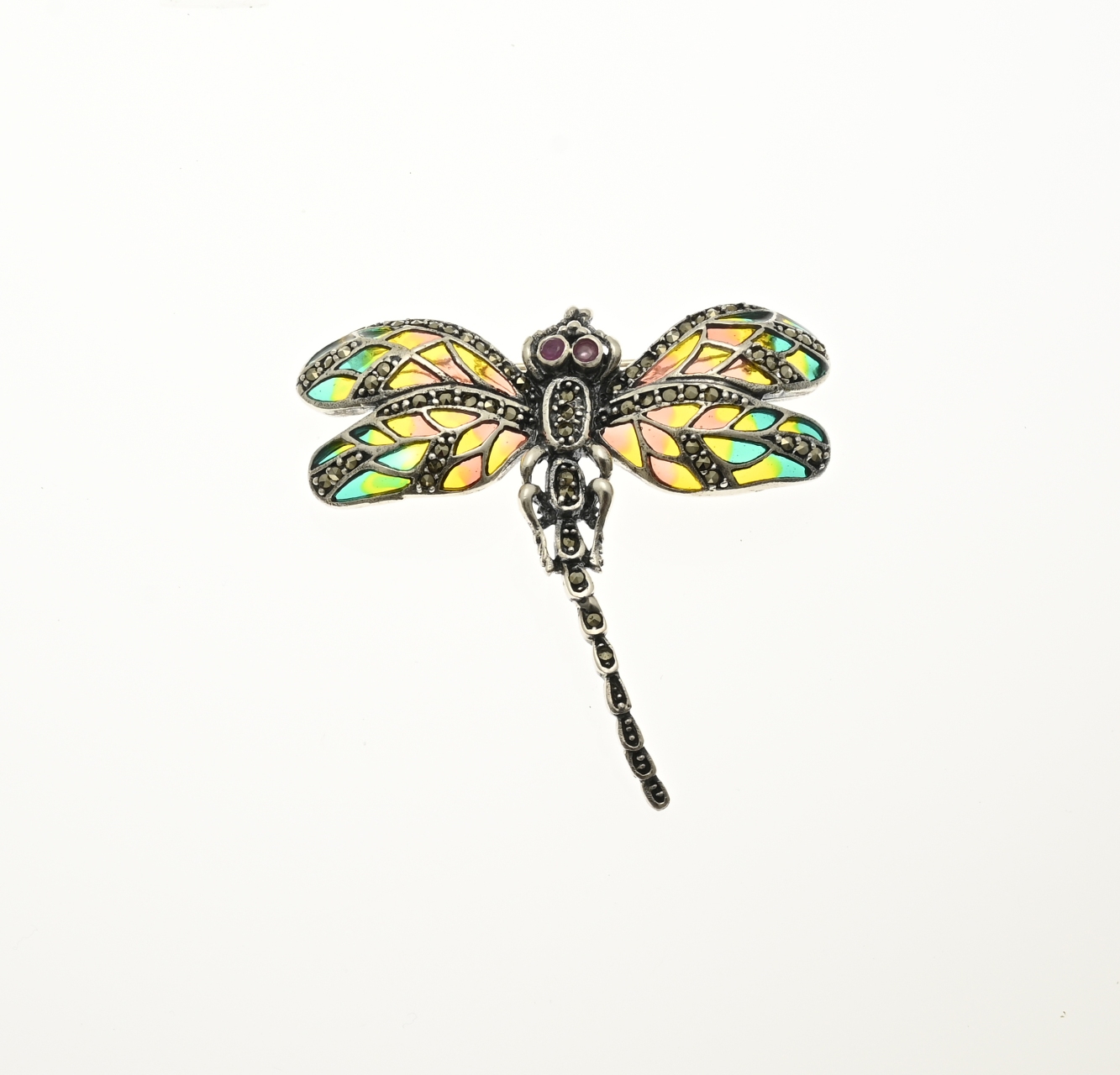 Silver pendant brooch, enamel dragonfly