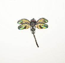 Silver pendant brooch, enamel dragonfly