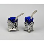 2 Silver holders with blue glass and 2 spoons