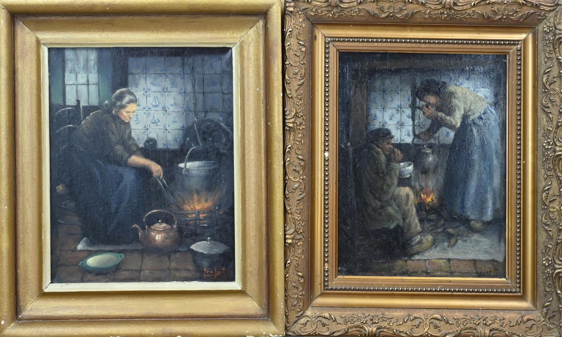 2x Hein Smit, Figures at the fireplace