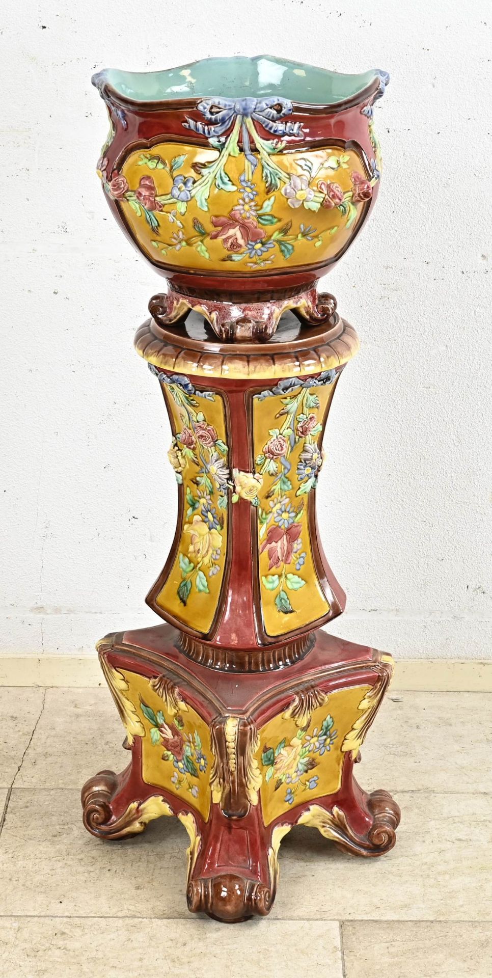 Antique majolica plant column