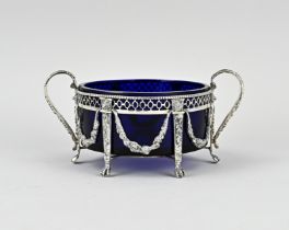 Silver sugar bowl with blue glass