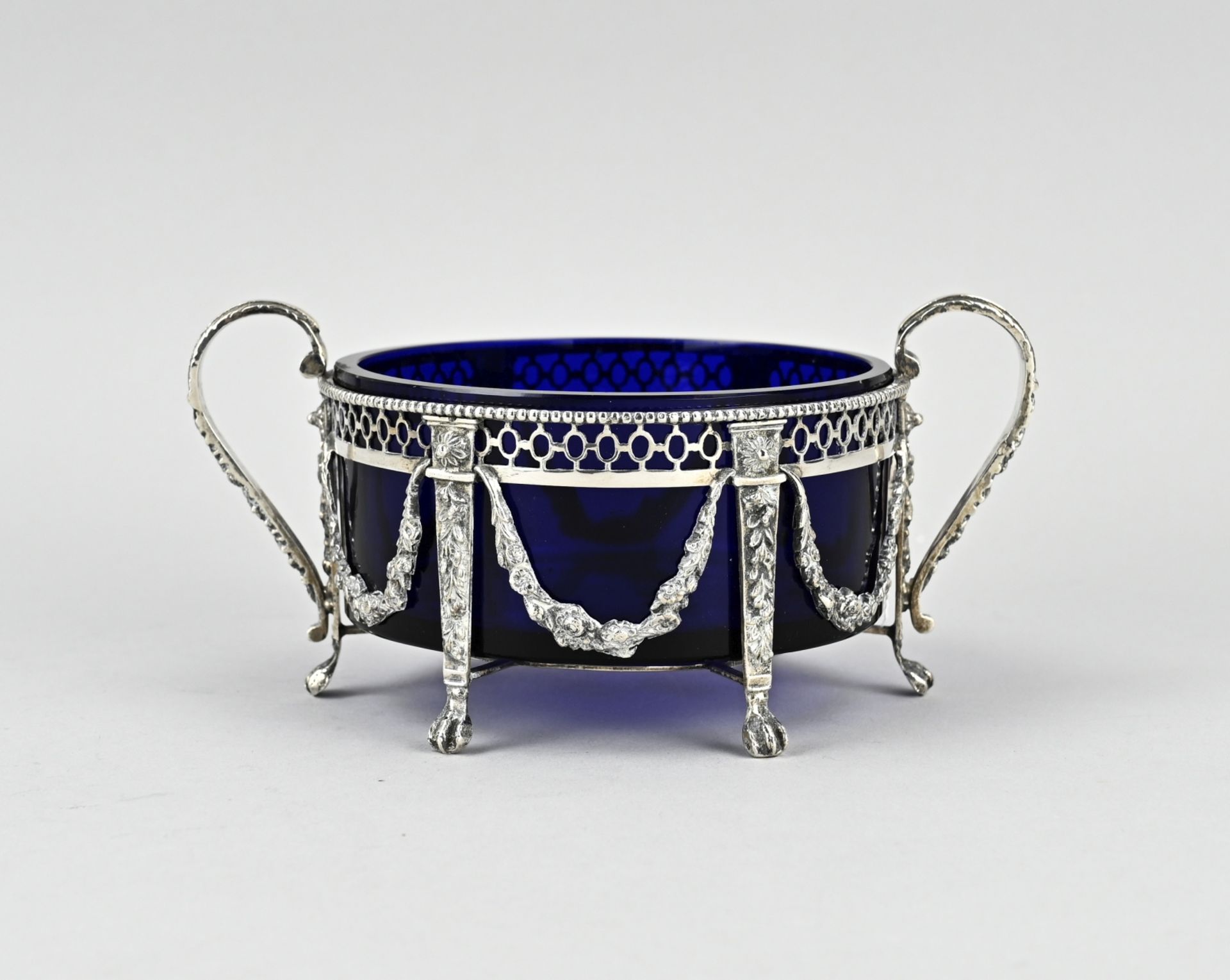 Silver sugar bowl with blue glass