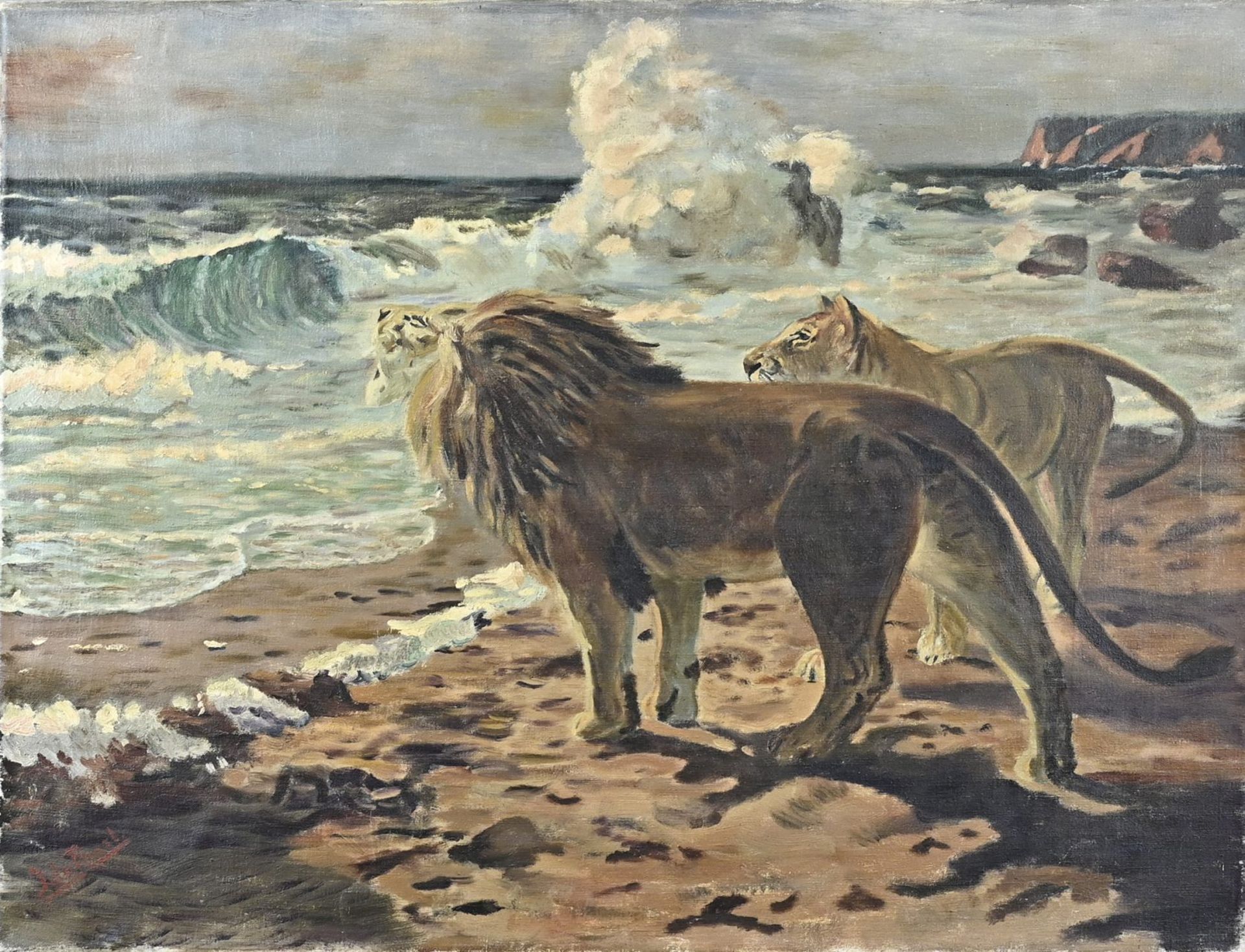 J. de Roest, Two lions at the surf