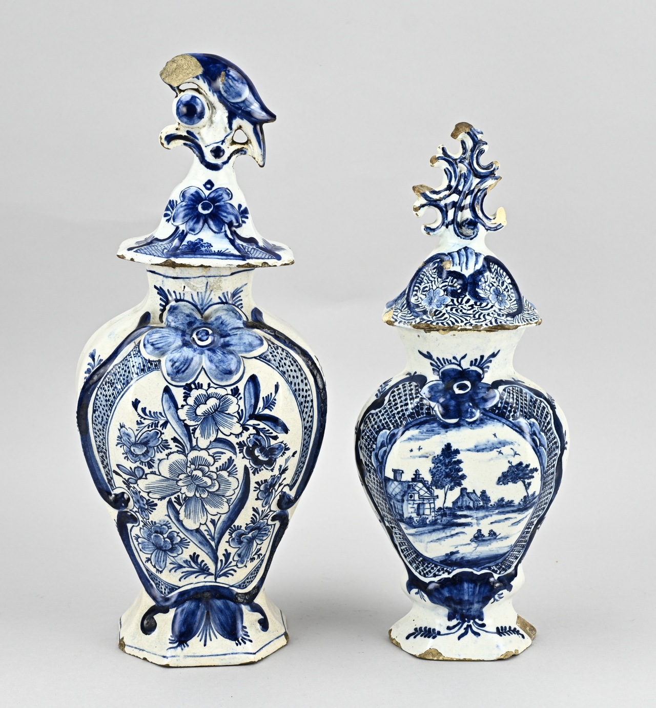 2x Delft lidded vase, H 36-40 cm.