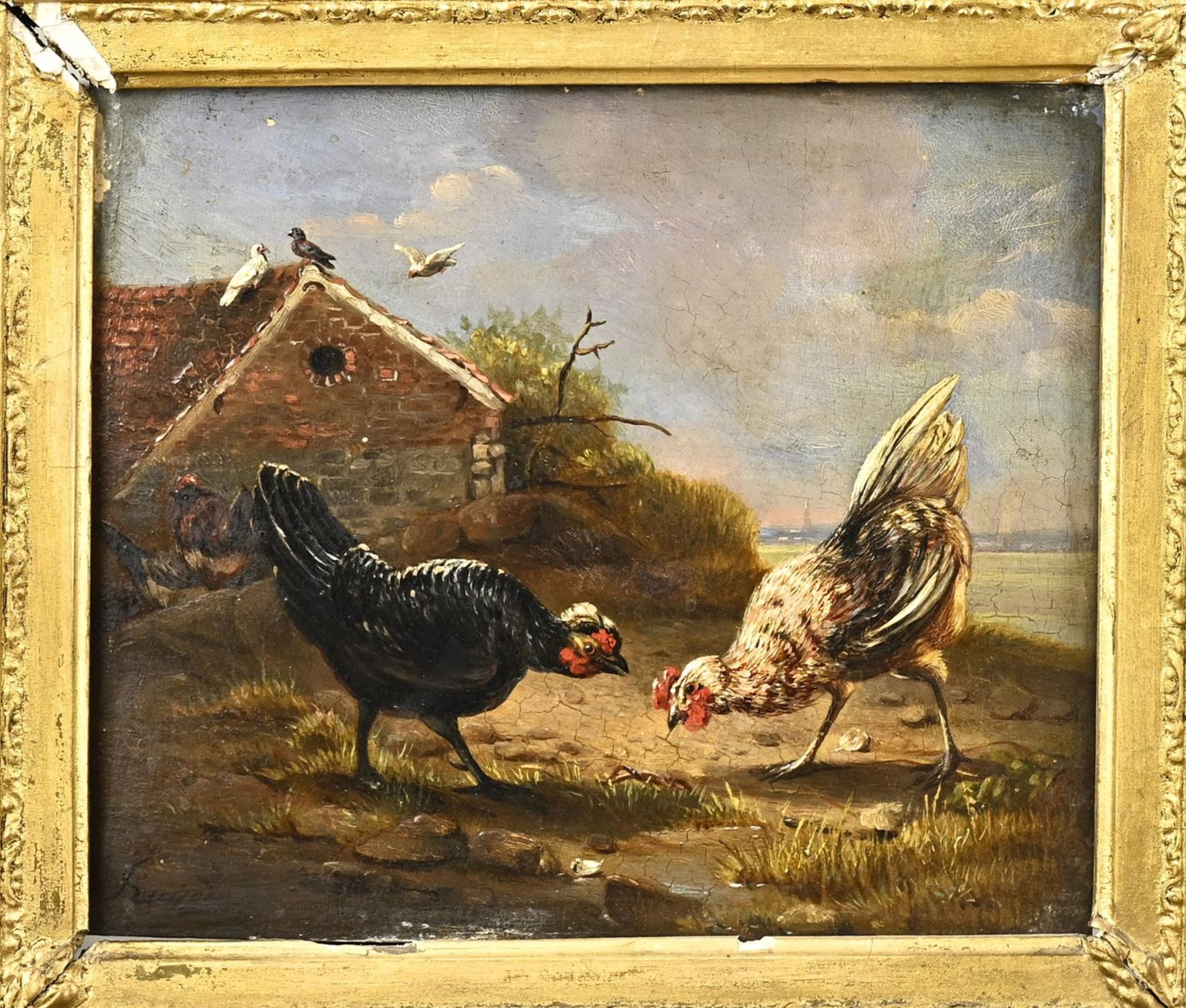 Pendant Francois Joseph Huijgens, Landscape with chickens and chicks - Image 2 of 3