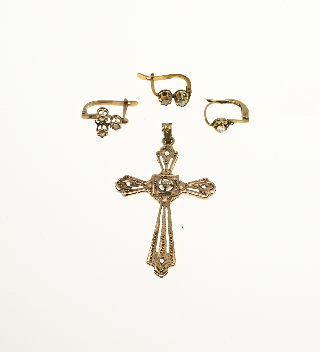 Gold stud earrings & cross pendant