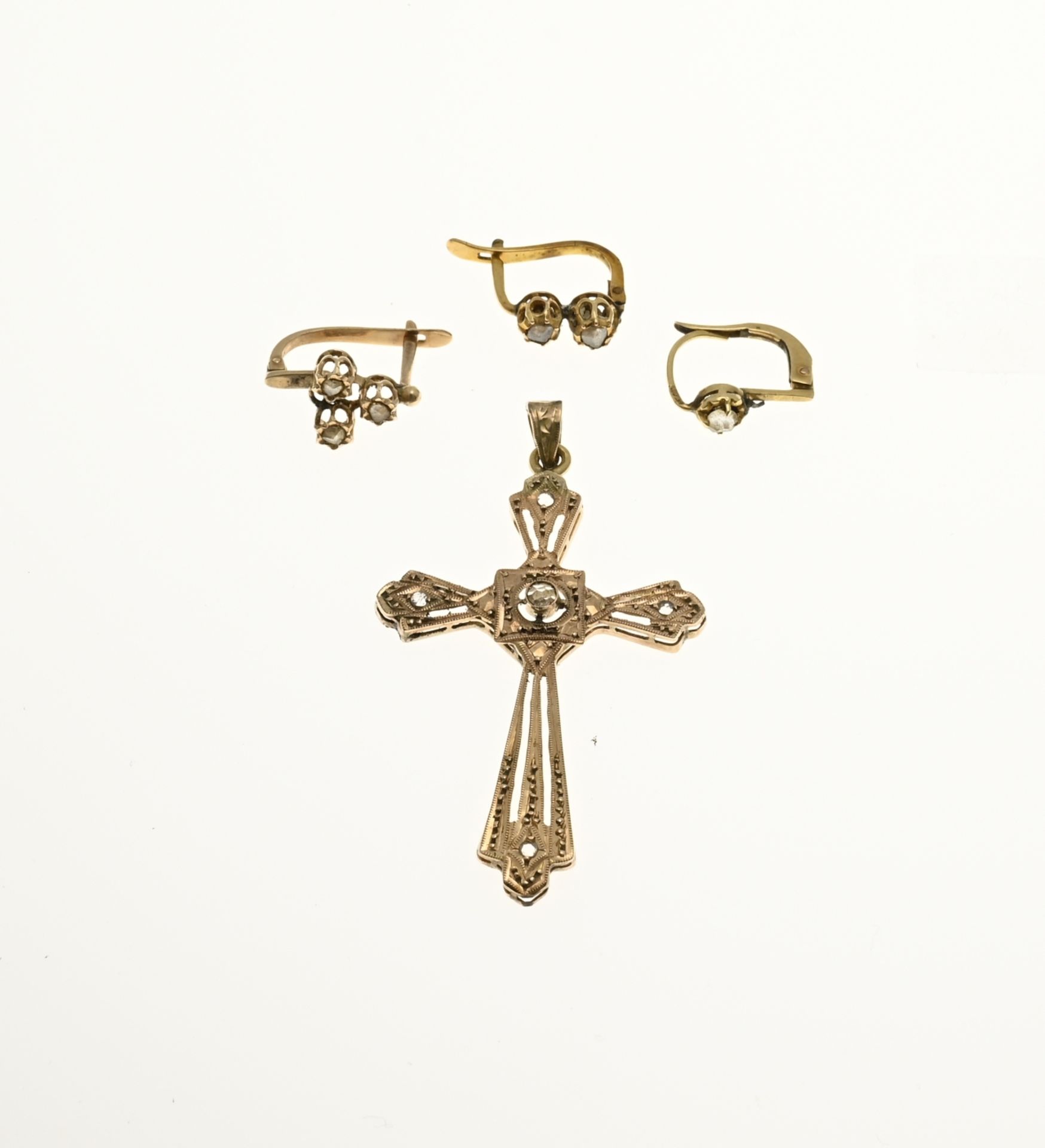 Gold stud earrings & cross pendant