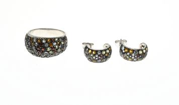 Silver ring and stud earrings with colored stones