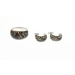 Silver ring and stud earrings with colored stones