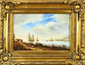 Unclear, river view with sailing ships