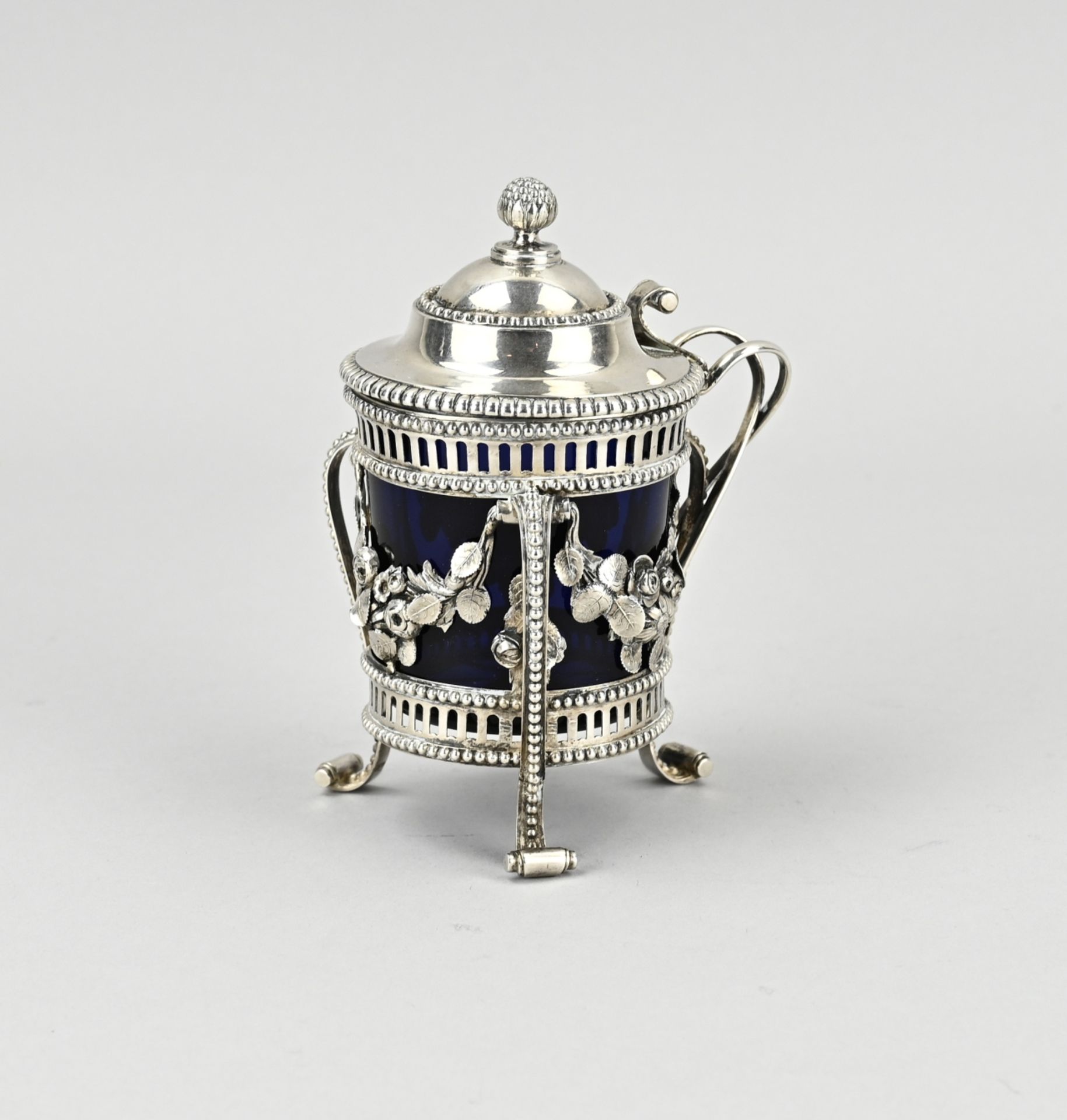 Silver mustard pot/blue glass