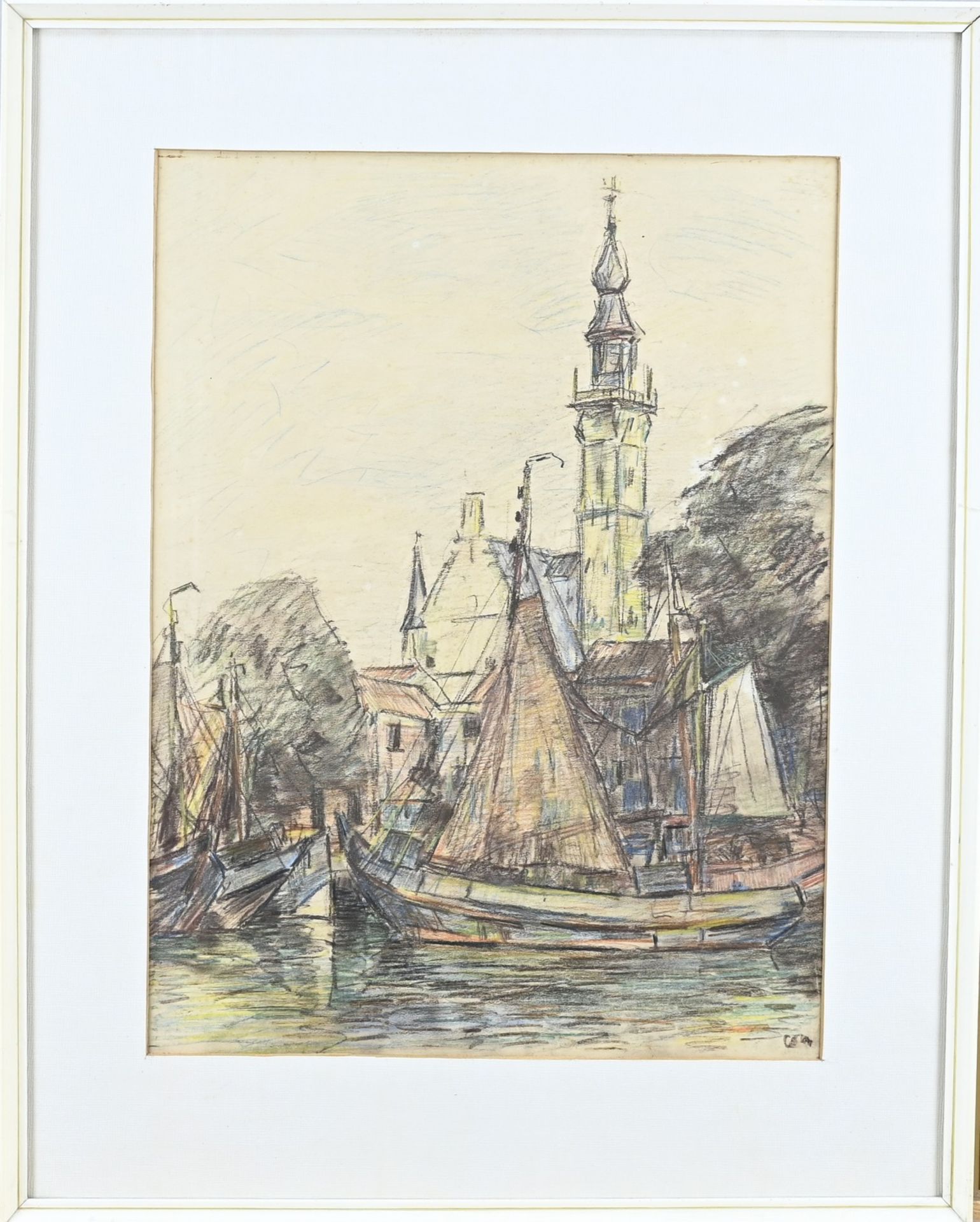 Cor Veenstra, Sailboats in Veere (pastel)
