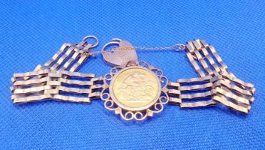 1906 Half Gold Sovereign set in 9ct Gold Gate Bracelet, total weight 15.3g. FREE UK DELIVERY