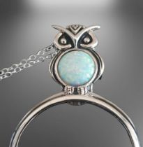 Silver Magnifying Pendant Necklace Stylised as an Owl with an Opal Cabuchon on silver chain