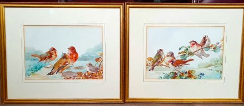 Pair of Watercolours of Sparrows dated 1925, initialled AJ.