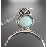 Silver Magnifying Pendant Necklace Stylised as an Owl with an Opal Cabuchon