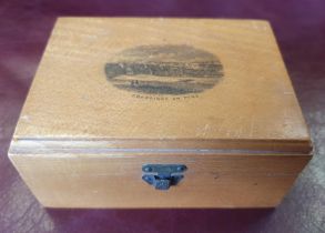 Mauchlin Ware Hinged Wooden Box Depicting Corbridge on Tyne. Size is 4.5 inches x 3 inches with Book