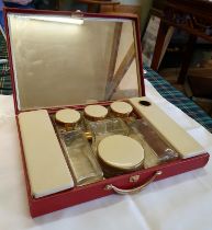 1950s Cased Travel Set with Glass Jars and Enamel Effect Lids