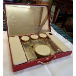 1950s Cased Travel Set with Glass Jars and Enamel Effect Lids