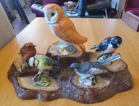 Group of Five Vintage Beswick Bird Figurines on a Beswick Stand, to include Barn Owl