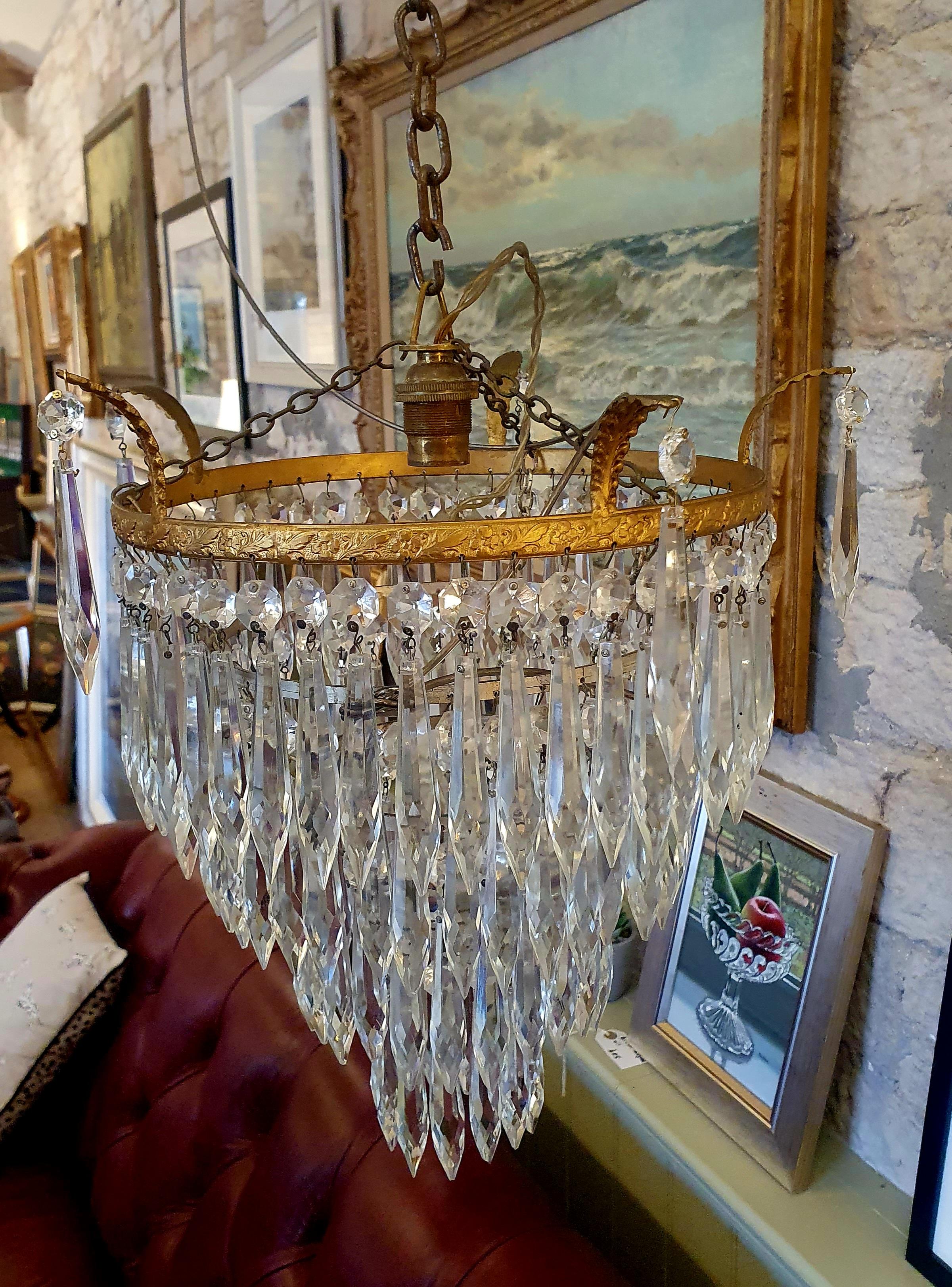 Edwardian Four-Tier Crystal Waterfall Chandelier with Classic Gilt Frame and Faceted Icicle Drops - Image 2 of 4