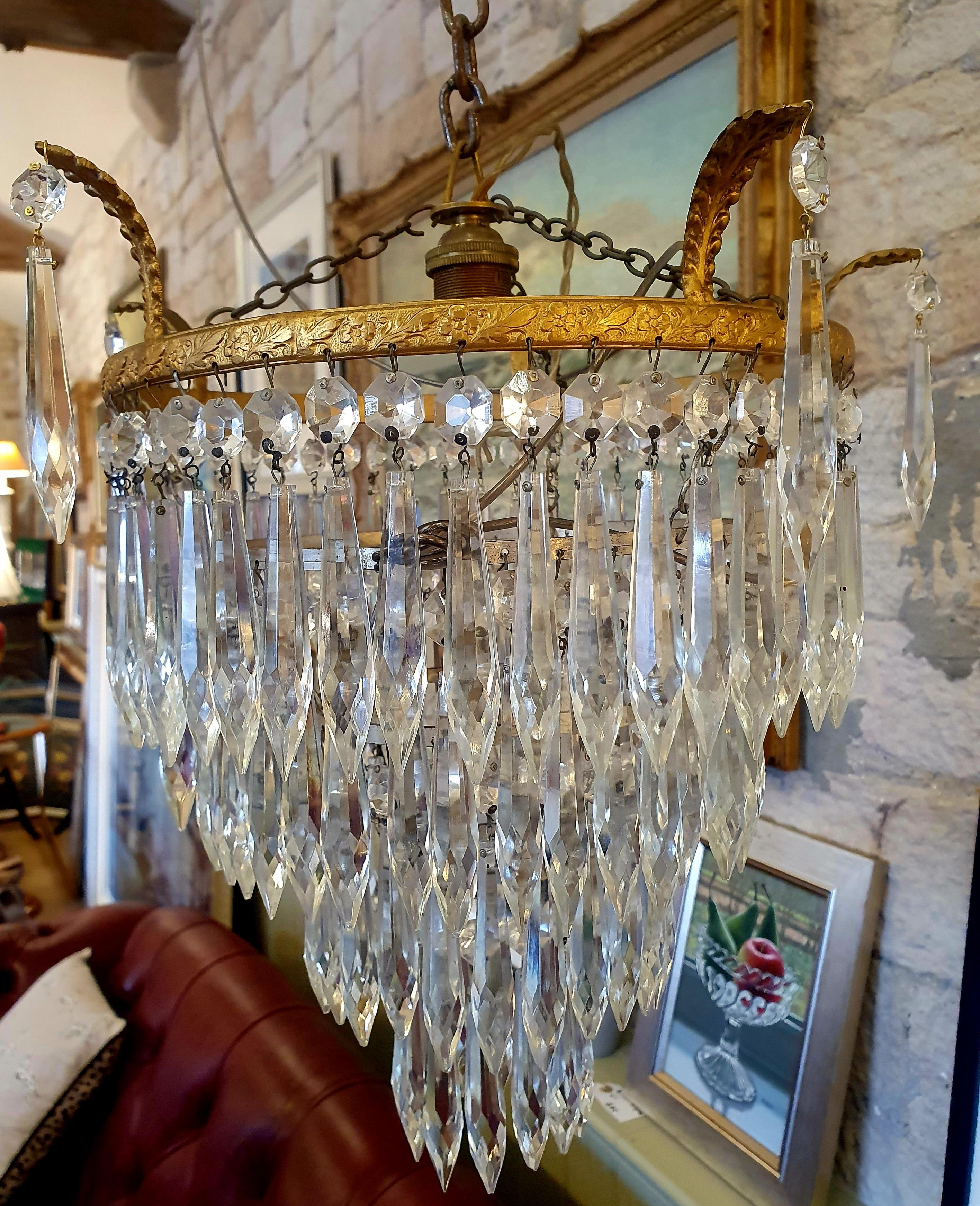 Edwardian Four-Tier Crystal Waterfall Chandelier with Classic Gilt Frame and Faceted Icicle Drops